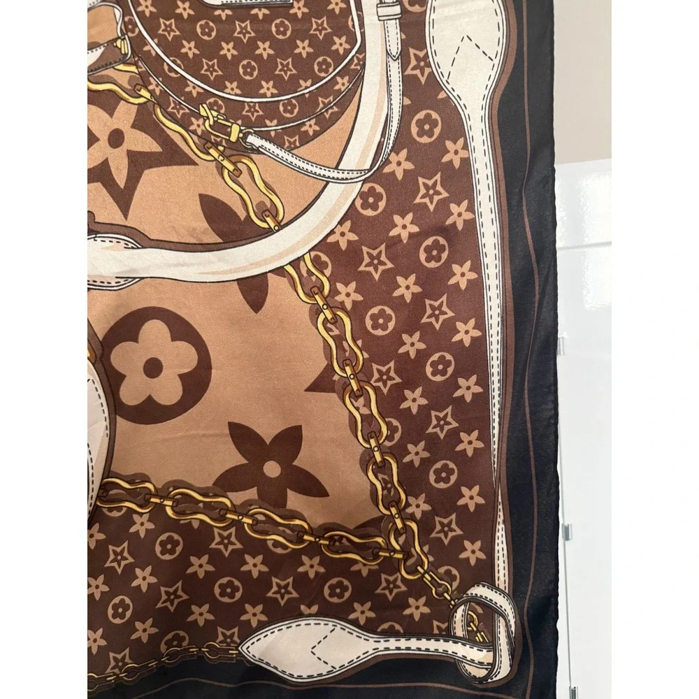 Designer Inspired Monogram Handbag Print Square Scarf Brown Tan Gold Chain